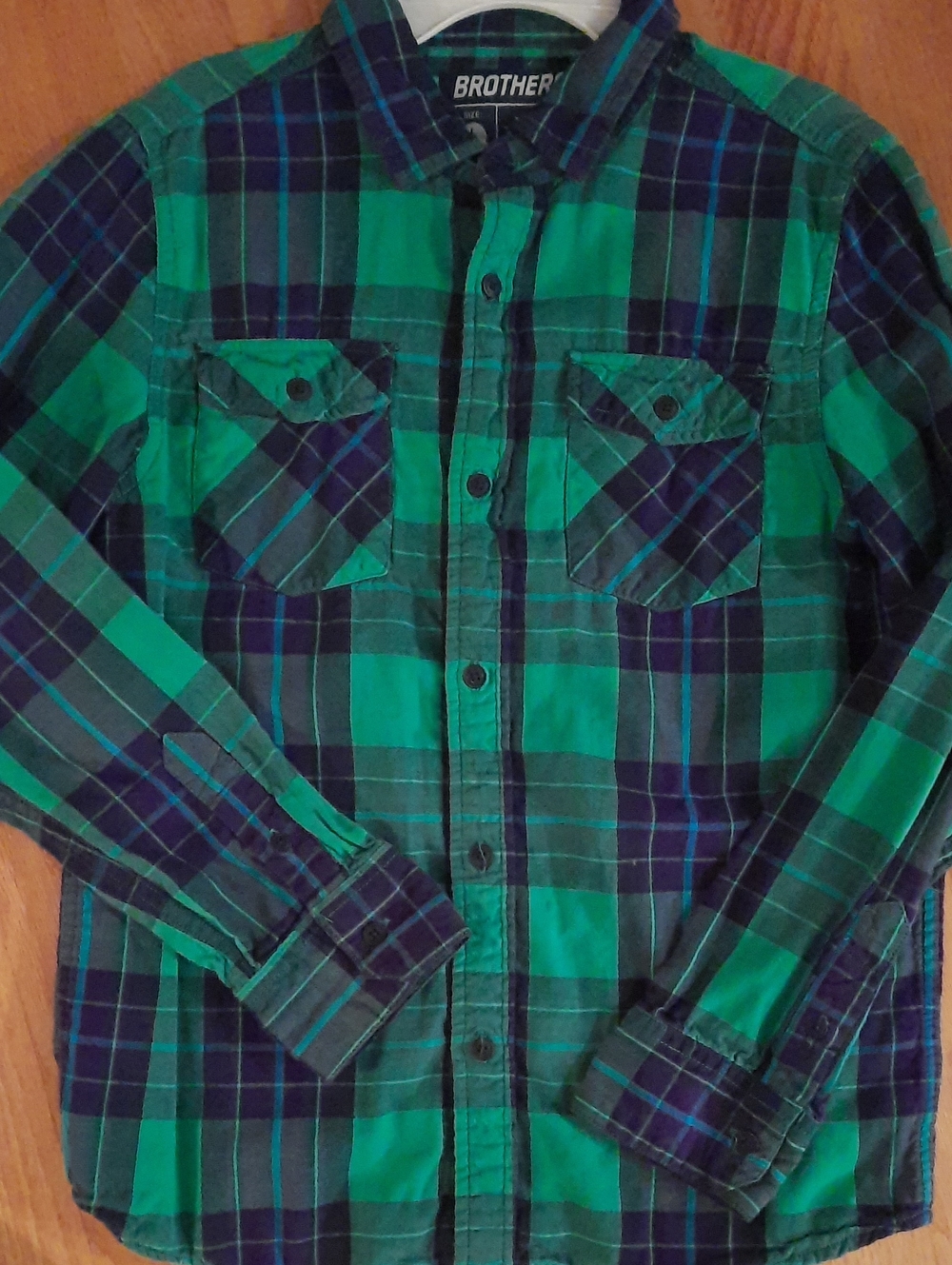 L 12 Brothers Green and Navy Plaid Casual Button-Down Shirt Cotton Top Large